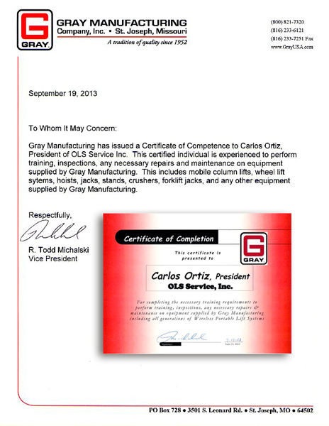 OLS Service Certification Gray Manufacturing